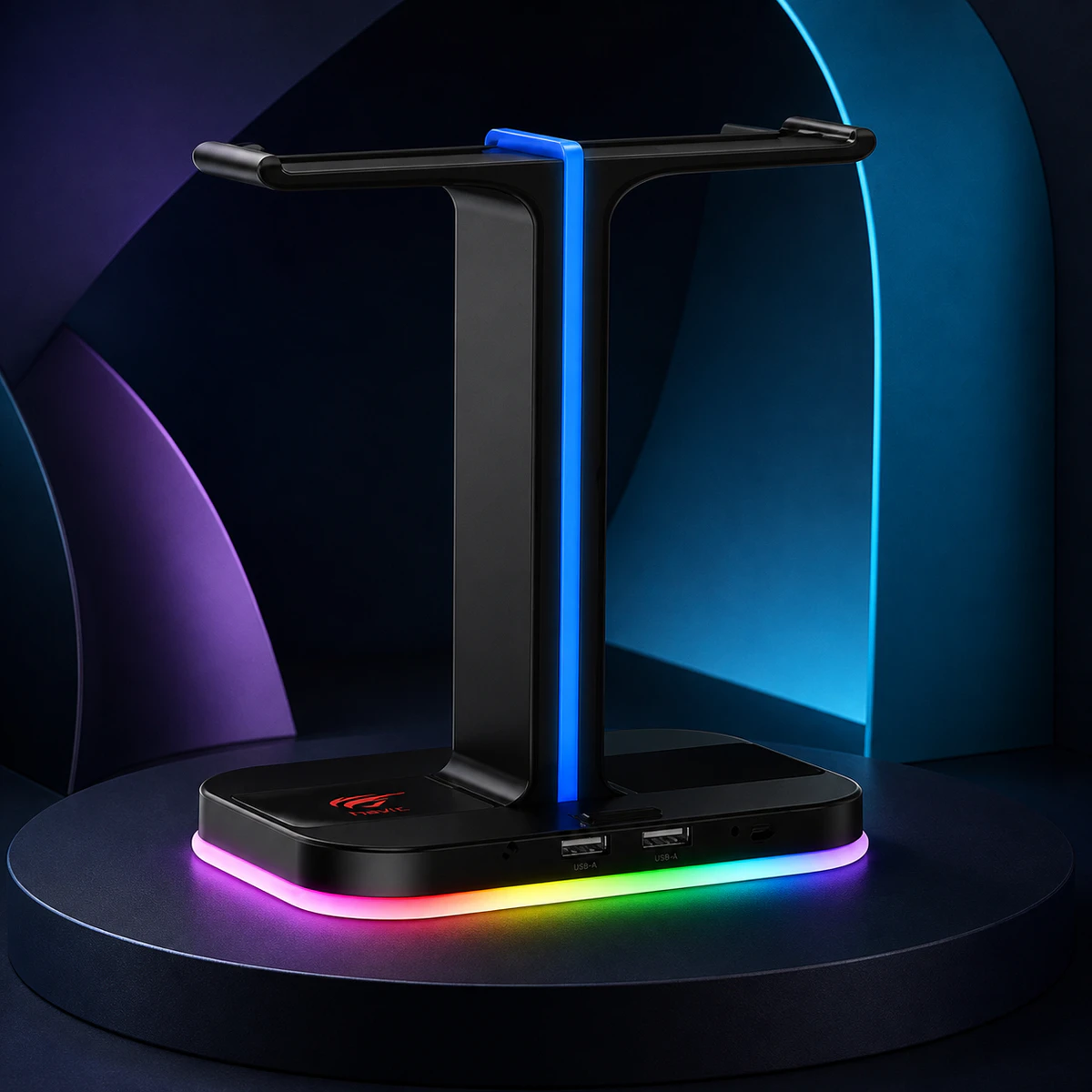 Mise en scène éditoriale — HAVIT TH650 Support double casque RGB