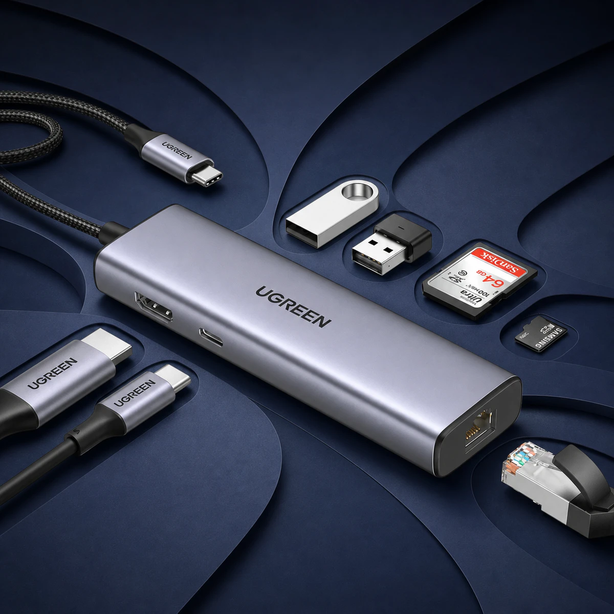 Mise en scène éditoriale — UGREEN Hub USB-C 7-en-1